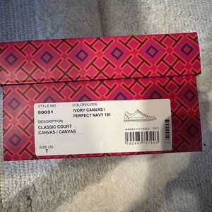 Tory Burch, classic court canvas, size 7, worn in the house. Ivory/navy.